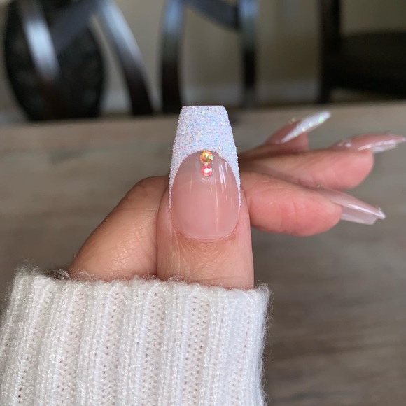 Floral Glitter French With Crystals Luxury Press On Nails - Picture 4 of 4